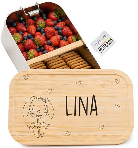 Kidsmood - Brotdose personalisiert mit Namen – Edelstahl Lunchbox mit Fächern für Kindergarten, Schule & Büro mit süßem Mädchen Hase – Geschenk zur Einschulung für Mädchen (1100ml)