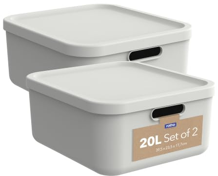 Rotho Albula 2er-Set Aufbewahrungsbox mit Deckel 20 L stapelbar Cremeweiß | Aufbewahrungsboxen, jede Box verschließbar, 2 offene Tragegriffe, platzsparend stapelbar, aus 100 % recyceltem Kunststoff