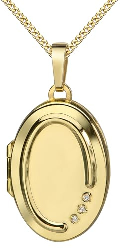 JEVELION Goldmedaillon Medaillon Gold 585/14 Karat Anhänger mit 3 Zirkonia Amulett oval zum Öffnen für 2 Bilder + Halskette Mit Amulettkette 925 Silber vergoldet - Kettenlänge 45 cm.