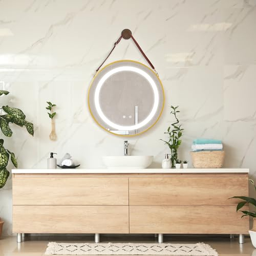 pro.tec Miroir LED avec Corde Miroir Mural à Suspendre pour Salle de Bain avec Interrupteur Tactile Fonction Anti-buée Aluminium Plastique Verre Simili 60 x 60 x 4 cm Or