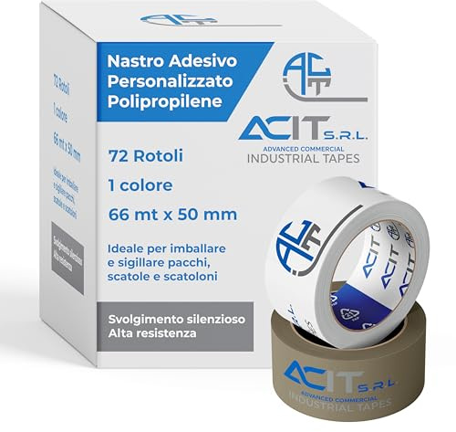 ACIT Nastro adesivo personalizzato, Nastro da imballaggio per pacchi e scatoloni per trasloco, nastro adesivo personalizzato con logo, 72 rotoli un colore, 66 o 132mt (66mt)