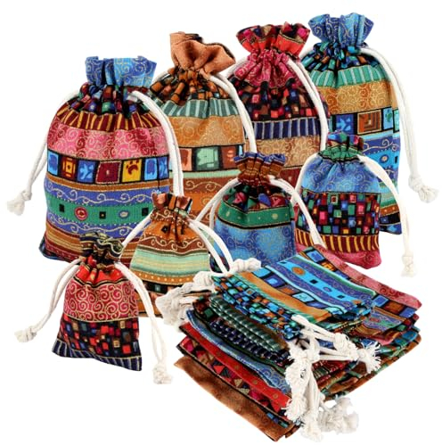 17 Stk Jutesäckchen, Geschenktüten, Stoffsäckchen mit Kordelzug, Schmuckbeutel, Baumwoll Säckchen, 2 Größen Stoffbeutel - 7x9 cm/10x14 cm, Kleine Jutebeutel für Kindergeburtstag Hochzeit Party