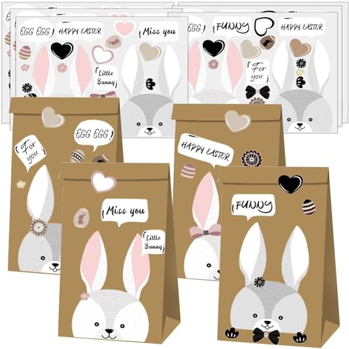 Ostertüten Zum Befüllen, 12-DIY geschenktüten ostern, Papiertüten ostern mit 12 Hase dekorative Aufkleber und oster deko