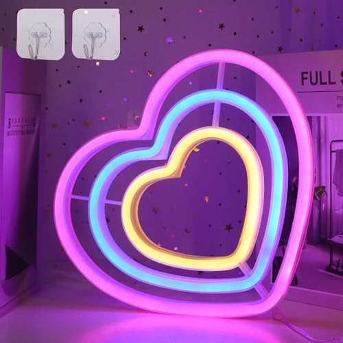 DWOOKE Rainbow Heart Neon Light Sign for Wall Decor - LED Battery or USB Powered - Colorful Love Light for Bedroom, Girl's Room, Party, Valentine's Day, Wedding