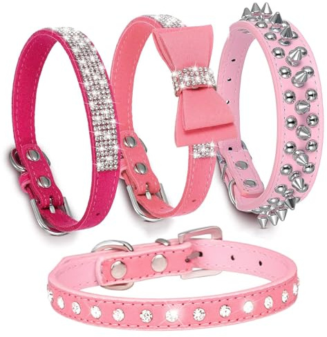 HALFSUMO 4 Stück Hundehalsband Stachel Nieten Leder Hundehalsband Strass Hund Katzenhalsband Bling Diamant mit Strass Schleife Dekoration für Mädchen Hunde Katzen Rosa XS