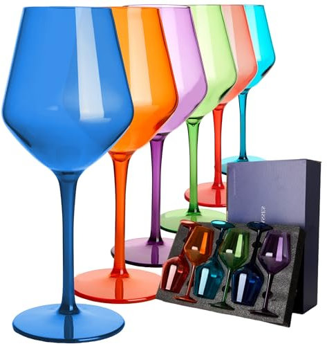 MICHLEY Set di 6 bicchieri da vino colorati, infrangibili, in plastica Tritan, idea regalo, 425 ml, per feste in casa, multicolore
