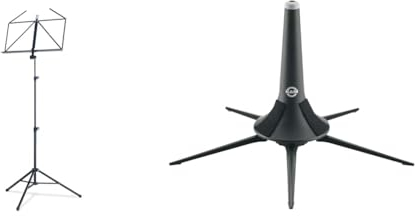 K&M 10065 Notenpult Schwarz – Faltbarer Notenständer für Trompetenkoffer & 15213 Trompetenständer Schwarz – gummierte Kegelspitze mit Schraubfüßen – Transport im Schalltrichter möglich