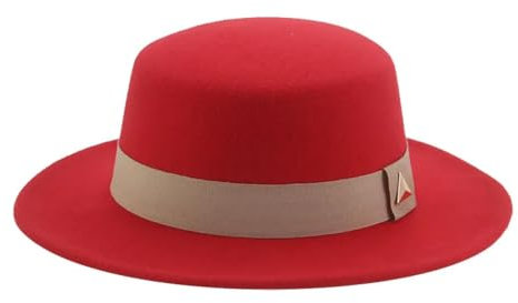 FULUJIDI Fedora Trilby Filzhut Hut Damen Hüte Für Frauen Fedoras Männer Hüte Flaches Top Solid Band Casual Formal 56-58Cm Rot