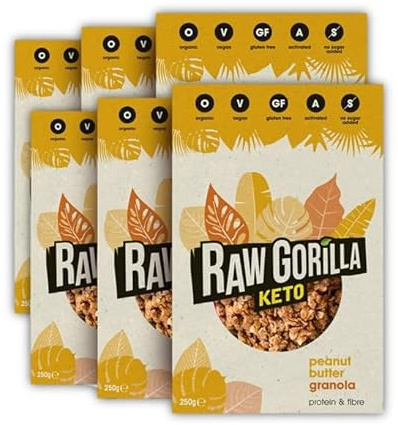 Raw Gorilla Keto Peanut Butter Granola 6 Pack of 250g | Low Sugar, Vegan, No Added Sugar, Low Carb 4g Net Carbs, Plant Based Breakfast Cereal with Activated Nuts, Grain & Gluten Free