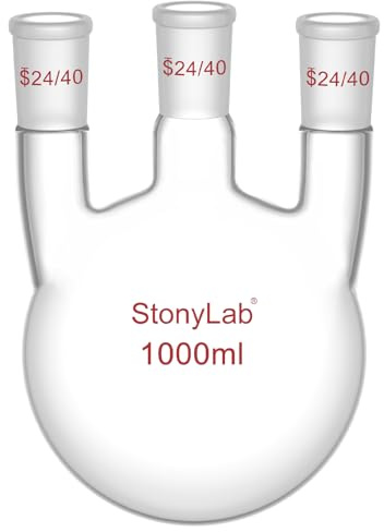 stonylab Fiole à Fond Rond 1000 ml avec 3 Cols Droits-24/40, Verre Borosilicate, Idéale pour Chimie, Laboratoire, Expériences Scientifiques, Distillation et Reflux