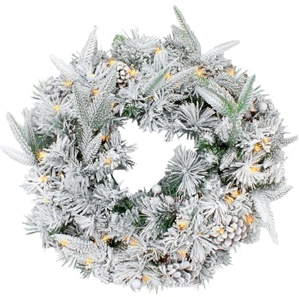 LED Tannenkranz mit Schnee und Beeren, 51 cm, 35 LED, warm weiß | Batterie betrieben, Timer, Weihnachtskranz, Tischkranz Türkranz, für Weihnachten Advent Winter