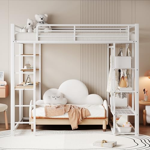Huayz Hochbett Metallbett 140x200cm mit Kleiderschrank, Tisch und 6 Regalen, Bettrahmen Etagenbett mit Lattenroste aus Metall, Jugendbett,Weiß,ohne Matratze (Weiß, 140x200cm)