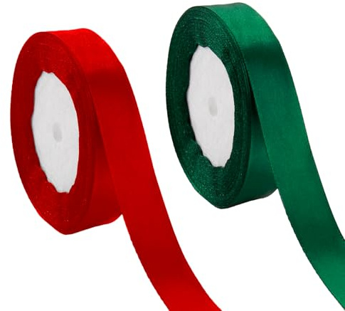 2 Rollen Weihnachten Satinband Geschenkband Breit, Rot und Dunkelgrün, Schleifenband Seidenband Stoffband zum Basteln Geschenkverpackung, 22M x 2CM Geschenkband für Weihnachten Deko Geschenkverpackung