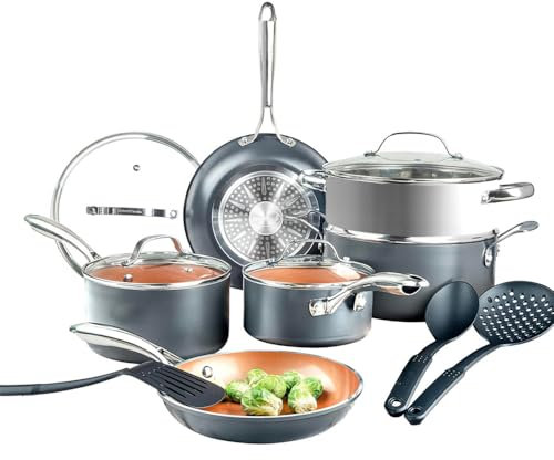 HJZSZX Juego de 15 ollas y sartenes de cerámica antiadherentes, juego de utensilios de cocina de cerámica, ollas y sartenes antiadherentes, apto para lavavajillas, cobre, juego de más de cinco piez
