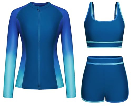 Combinaisons de bain 3 pièces avec protection solaire UV UPF 50+ pour femmes, rashguard à manches longues, costume de bain, ensemble bikini zippé avec boyshort, maillot de bain modeste, protection