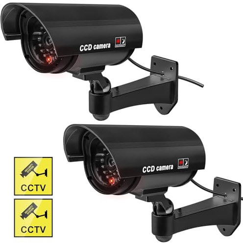 Lot de 2 caméras factice avec LED clignotantes rouges - Support mural - Fausse caméra factice - Pour mur et plafond - Pour intérieur et extérieur - Noir