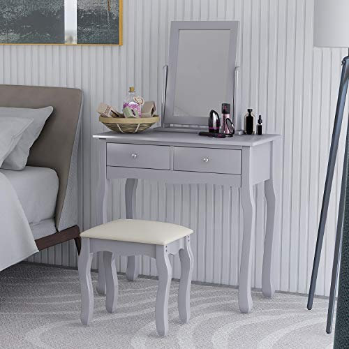 Schminktisch-Set aus massivem Holz mit Spiegel und Hocker, 2 Schubladen, Aufbewahrungsschrank, grau, Schminkkommode für Schlafzimmer
