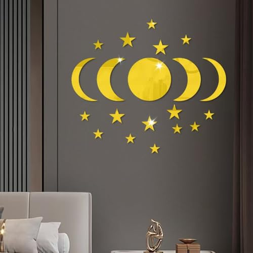 GreatRise Stern Mondphase Spiegel Set Selbstklebendem Spiegel Klebespiegel Flexibler Spiegelfolie Wandspiegel Aufkleber Dekospiegel für DIY Wand Schlafzimmer Wohnzimmer Dekoration Gold