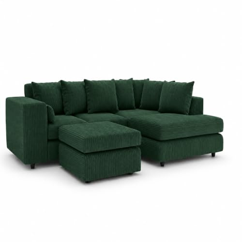 Gamzo Outlet Sofa Corner Sofa L Shape Jumbo Cord Fabric Square Settee Seater Suite Footstool (Right Hand Facing, Green)