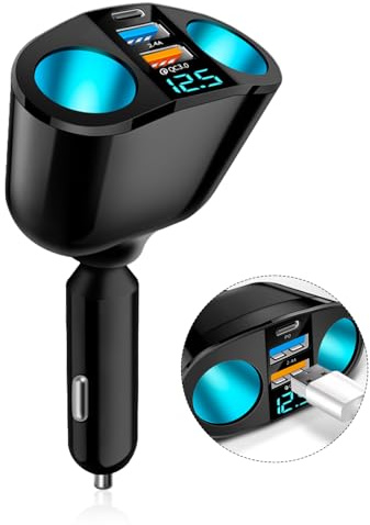 SUNNIFLY Caricatore Auto Multifunzione, Doppio Accendisigari + 2 USB + PD Type-C, Display LED, Ricarica Rapida QC3.0 per iPhone/Android, Compatibile con Veicoli da 12 V/24 V