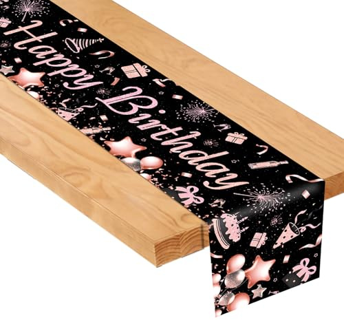 Tischläufer Geburtstag Schwarz Rose, Happy Birthday Tischdeko für Kinder und Erwachsene, Tischläufer Outdoor und Drinnen Familienessen Tischdekoration,Wiederverwendbare Geburtstagstischdecke 180x35 cm