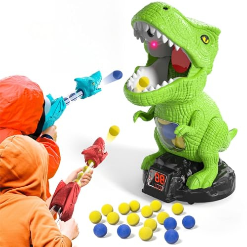 BLmukce Rörligt dino-mål-set, skjutleksak för barn, dinosaurieleksaker, utomhuslekar, barnleksaker, gåva pojke 4-5 6 7 år, 2 popper-pistoler, 48 skumbollar