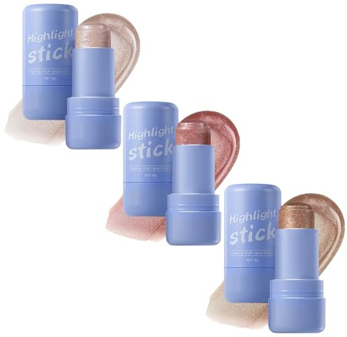 3 Colors Highlighter Stick, Rose Gold, Champagne & Bronze Trio for a Natural Luminous Finish, Buildable Blendable Formula for Dewy Skin, Enhances Facial Contours, Adds Dimension & Healthy Shine