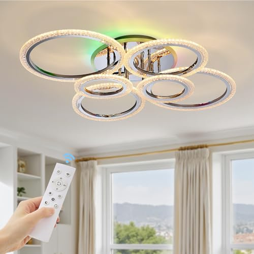 Warmiehomy Modern LED Ceiling Light,60W 5400LM Dimmable Living Room Ceiling Light with RGB Backlight,6-Ring Smart Ceiling lamp for Bedroom, Kitchen, Dining Room(Chrome,70CM)