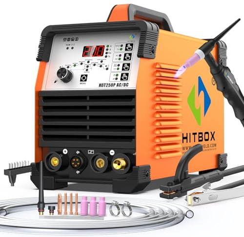 HITBOX Poste à souder TIG 6 en 1 AC/DC, 200 A, fonction pulsée, technologie onduleur IGBT, contrôle numérique 2T/4T, nouvelle version pour aluminium, acier inoxydable et acier (HBT250P AC/DC)