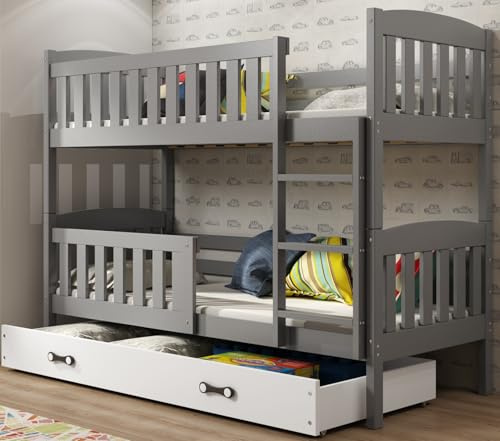 Interbeds Etagenbett 200x90 cm Hochbett Stockbett mit Schublade Holzbett Kiefernholz Kinderbett Jugenbett mit Lattenrost und Rausfallschutz (grau, 200x90)
