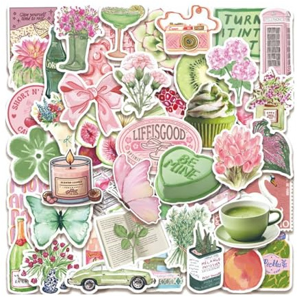 Sekfpnk Juego de 50 pegatinas estéticas, pegatinas impermeables rosas y verdes, pegatinas decorativas frescas para decorar ordenadores portátiles, vasos de agua, fundas para teléfonos móviles, bolsos