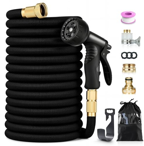 Expandable Garden Hose 150FT, Flexible 3750D Fabric Water Hose, Knot-Free Design, 10 Spray Patterns Nozzle, 1/2 3/4 Connectors, 4-Layer Latex Core for Garden Watering Car Washing, Black
