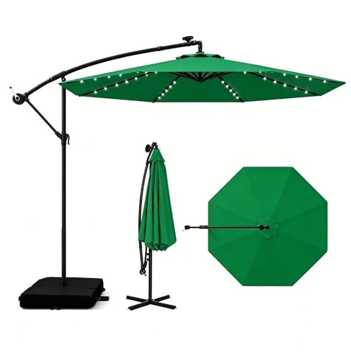 COSTWAY Ombrellone da Giardino 300 cm, 40 Luci LED Solari, Anti-UV, Inclinazione Regolabile, Manovella, 2 Sacchi di Sabbia, 8 Stecche per Esterno Piscina Patio (Verde)