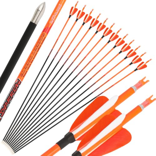 wolfman 6/12 Stück Reine Carbonpfeile 32 Zoll ID4,2mm Pfeilschaft,006 Geradlauf Spine 400-1000 Jagdpfeile 2 Zoll Truthahnfedern für Recurvebogen Compoundbogen Jagd (2 orange + 1 weiß-6)