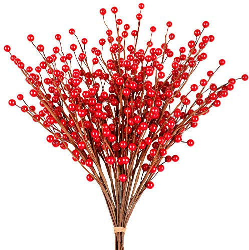 Whaline Tallo de ramita de Bayas Rojas de Navidad, Paquete de 12 púas Artificiales de Bayas Burdeos para decoración de árbol de Navidad, San Valentín, Manualidades, Boda, decoración del hogar de