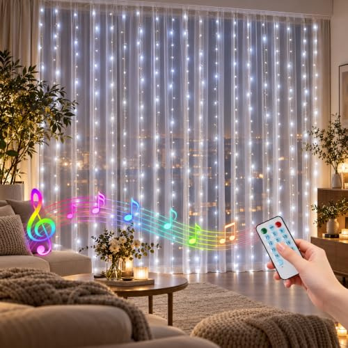 CORST LED ljusgardin 2M x 2M batteridrivet rum fönster bakgrund gardin ljus, musik aktiverad LED-gardinlampor fönsterlampor för Thanksgiving jul inomhus utomhusdekor(Vit)