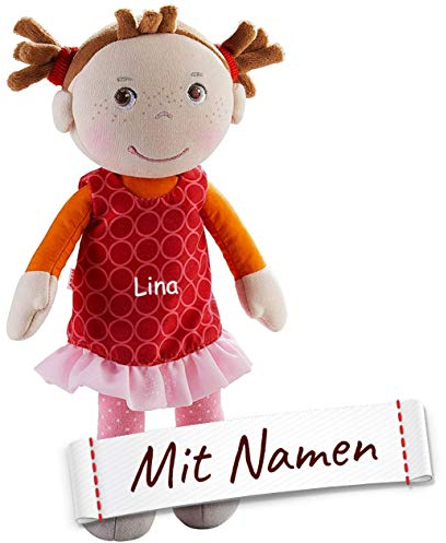 HABA Stoffpuppe mit Namen Bestickt, Erste Baby Puppe zum kuscheln, Weiche Mädchen Kuschelpuppe, Kinder Geschenk-Idee Babypuppe als Taufgeschenk (Rot)