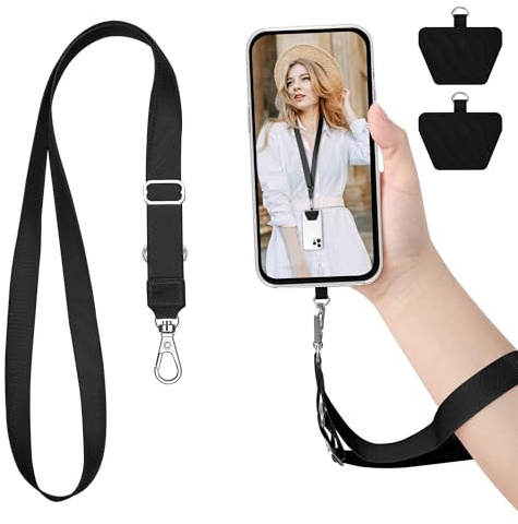 takyu Phone Lanyard Neck Strap, Adjustable Phone Neckstrap with 2 Adhesive Phone Lanyard Tethers Compatible with iPhone Samsung Galaxy and Most Smartphone Black