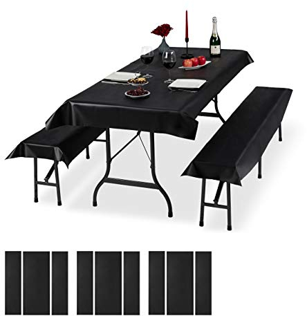 Relaxdays 12 x Bierzeltgarnitur Auflage, 4 Biertisch Tischdecken 250x100cm, 8 Bierbankauflagen 250x55cm, abwaschbar, schwarz