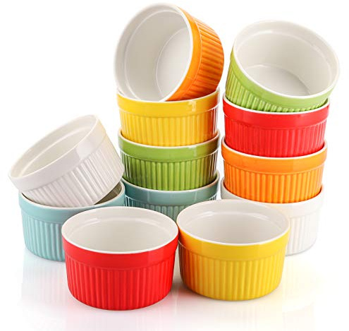 Foraineam 12 Pack 6 oz Ramekins Bakeware 6 Colors Porcelain Souffle Dishes Dessert Custard Baking Cups for Souffle, Creme Brulee and Ice Cream