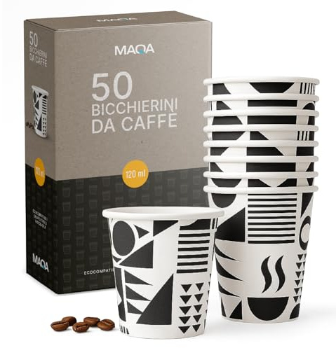 MAQA - 50 Bicchierini Caffè Carta, 120ml COMPOSTABILI PER ESPRESSI MACCHIATI - Bicchieri Caffe Monouso Ecologici, Resistenti al Calore, Riciclabili, Ideali per Espresso, Casa, Eventi e Ufficio