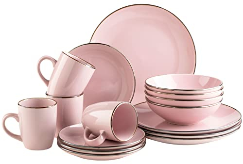 MÄSER Servizio combinato in gres porcellanato METALLIC RIM rosa, 16 pezzi