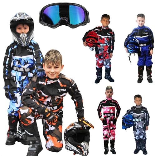 KIDS KART RACE SUIT OFF ROAD GOGGLES - Junior Motocross Child Quad Dirt Bike Trials Go-Karting Enduro ATV MTB BMX Sports Children MX Racing Kit - Camo Blue - 2XL (10-11 Years)