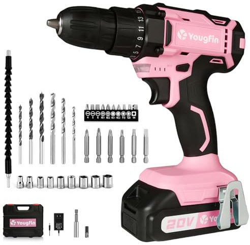 Yougfin Cordless Drill Driver Set 20V Power with Battery Charger and Carrying Case, 25+1 Torque Electric Drill, Variable Speed, 266 In-lb, 3/8'' Keyless Chuck, 34pcs Driver Bit, for Women, Pink