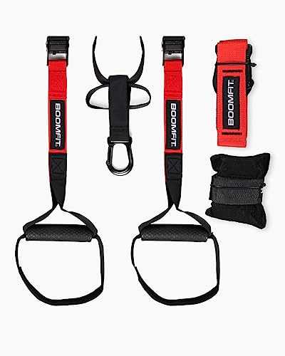 BOOMFIT Correas de Suspensión para Entrenamiento en Casa y Viajes | Kit de Suspensión Fitness con Anclaje para Puerta | Gimnasio Portátil para Fuerza y Core | Ideal para Calistenia y Atletas