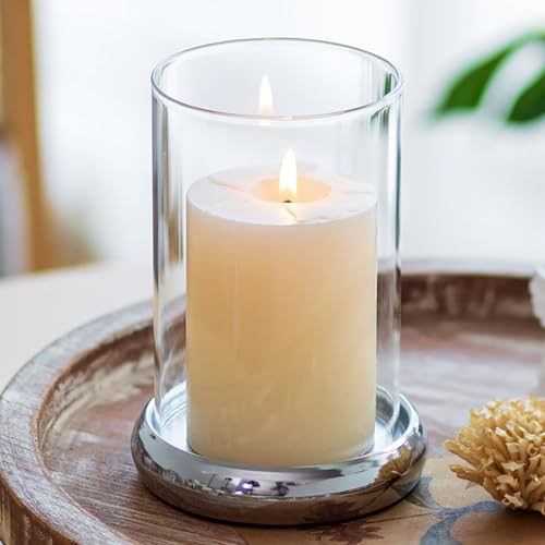 Sziqiqi Hurricane Candle Holder - Clear Glass Pillar Candle Holder Cylinder Lantern with Metal Tray for Mantel Fireplace Coffee Dining Table Decorative Table Centrepieces for Christmas Wedding, Silver