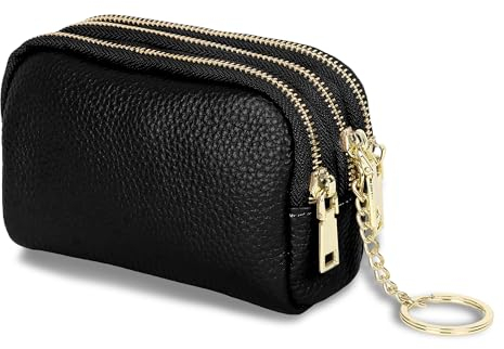 Reißverschluss Münze Geldbörse Schwarz Echtes Leder Damen Geldbörse Portable Mini Portemonnaie DREI Reißverschlüsse Kleine Brieftasche für Münze Bargeld mit vielen Fächern