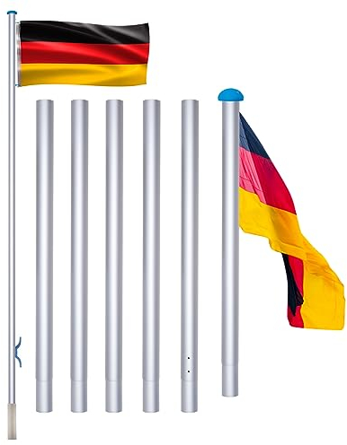 TRMLBE Fahnenmast 6,5m aus stabilem Aluminium Teleskop-Fahnenstange 2,25-6,5m dehnbarer Flaggenmast mit Deutschlandfahne - Silbernes Rohr