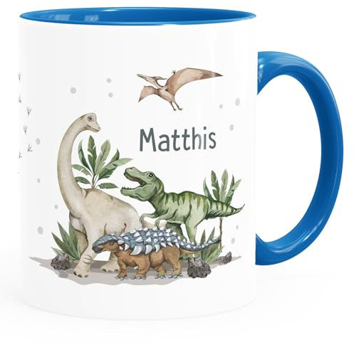 SpecialMe® Kindertasse Dino mit Namen personalisiert Dinosaurier T-Rex Tasse aus Keramik für Kinder Jungen Mädchen Weiss-innen-blau standard