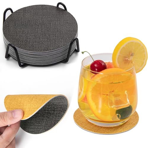 Chitomars Untersetzer Gläser 12er Set, doppelseitige Leder Glasuntersetzer | Rutschfest abwaschbare Getränkeuntersetzer Kunstleder Glas Untersetzer-Set mit Halter (Grau Gelb, Rund)